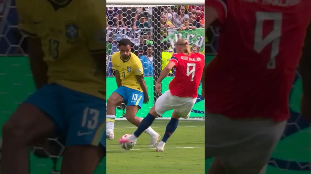 Haaland buries it into the net against Brazil. 🇳🇴 #FIFAWorldCupOnYT